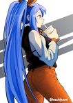  1girl alternate_hairstyle ass blue_eyes blue_hair borrowed_character bubble_tea clothing_cutout commentary cup denim detached_sleeves disposable_cup drinking_straw english_commentary flat_ass from_behind highres holding holding_cup long_hair minah_(chaesu) orange_pants original pants pantylines rachijuuni shoulder_cutout sidelocks solo split_ponytail very_long_hair 
