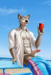  abs absurd_res anthro balls beach bench canid canine canis casual casual_nudity clothed clothing encounter erection exhibitionism fur genitals grey_body grey_fur hi_res light male mammal muscular nude open_clothing open_shirt open_topwear otterboxed outside painting penis red_cup sand sea seaside shirt solo sunlight swimwear topwear water white_body white_fur wolf 
