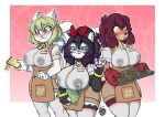  2020 amelie_(jinx_doodle) anthro big_breasts black_hair blonde_hair blue_eyes blush bodily_fluids breasts brown_hair canid canine canis clothing domestic_cat domestic_dog eyewear felid feline felis female glasses green_eyes group hair hi_res huge_breasts kurimi_(lunarspy) lactating lactating_through_clothing looking_at_viewer lunarspy mammal milk nipple_outline open_mouth signature smile standing text trio uniform wet wet_clothing wide_hips yellow_eyes 