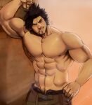  1boy abs arm_up bara biceps black_clover black_hair bolloxxxz cigarette facial_hair flexing goatee hand_on_hip highres large_pectorals leaning_to_the_side leather looking_at_viewer male_focus male_pubic_hair mature_male muscular muscular_male mustache navel_hair nipples pectorals pubic_hair pubic_hair_peek seductive_smile shiny_skin short_hair sideburns smile smoking solo spiked_hair stomach stubble sweat topless_male yami_sukehiro 
