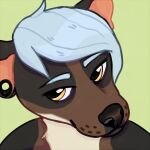  1:1 ambiguous_gender anthro black_body black_nose blue_hair bust_portrait canid ear_piercing front_view gauged_ear glistening glistening_eyes green_background grey_body hair low_res mammal mouth_closed narrowed_eyes orange_eyes piercing portrait roobin simple_background solo tan_body 