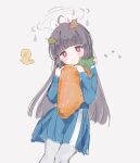  1girl absurdres animal_ears bangs black_hair blue_archive blue_serafuku blue_shirt blue_skirt blunt_bangs blush bright_pupils carrot closed_mouth cropped_legs fake_animal_ears food halo highres holding holding_food leaf leaf_on_head long_hair long_sleeves miyu_(blue_archive) nprmtp oversized_food pantyhose pleated_skirt rabbit_ears red_eyes school_uniform serafuku shirt simple_background skirt solo standing white_background white_pantyhose white_pupils 