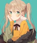  1girl absurdres bird blue_background fur-trimmed_jacket fur_trim green_eyes green_jacket hair_ornament hairclip hand_on_own_cheek hand_on_own_face highres jacket java_sparrow light_brown_hair minasenagi off_shoulder original solo twintails upper_body 