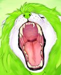  anthro black_lips bodily_fluids eyes_closed fangs felid front_view fur green_background green_mane green_nose hi_res lion lips male mammal mane mouth_shot open_mouth pantherine red_tongue roobin saliva saliva_string simple_background solo teeth tongue whiskers white_body white_fur 