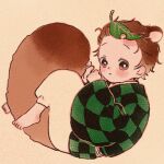  1boy aged_down animal_ears barefoot between_legs blush brown_hair checkered_clothes child extra_ears fetal_position from_side full_body green_kimono hair_slicked_back highres japanese_clothes kamado_tanjirou kemonomimi_mode kimetsu_no_yaiba kimono leaf leaf_on_head long_sleeves looking_at_viewer male_child male_focus pants raccoon_boy raccoon_ears raccoon_tail sash scar scar_on_face scar_on_forehead short_hair simple_background siomy_0 solo tail tail_between_legs white_pants wide_sleeves 