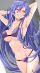  1girl armpits arms_behind_head arms_up bikini blue_hair blush breasts iris_heart iwashi_dorobou_-r- kami_jigen_game_neptune_v large_breasts licking_lips long_hair looking_at_viewer navel neptune_(series) paid_reward_available pink_eyes power_symbol purple_bikini simple_background smile solo swimsuit symbol-shaped_pupils tongue tongue_out underboob very_long_hair 
