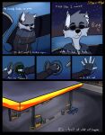  5_fingers anthro canid canine car clothed clothing comic dipstick_ears english_text eyewear fingers fox fully_clothed fur gas_station grey_body grey_fur hi_res male mammal multicolored_ears night outside sky solo star starrffax starrffax_(fox_sona) starry_sky sunglasses text vehicle 