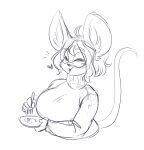  &lt;3 anthro big_breasts breasts eating eyes_closed eyewear female glasses huge_breasts lunarspy mammal monochrome mouse murid murine rodent simple_background solo tail 
