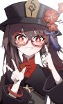  1girl absurdres bespectacled black_headwear black_nails bracelet brown_hair chinese_clothes commentary facial_tattoo flower genshin_impact glasses grin hands_up hat hat_flower heart heart_tattoo high_collar highres hu_tao_(genshin_impact) jewelry long_hair long_sleeves plum_blossoms porkpie_hat qixia red-framed_eyewear ring simple_background smile solo tattoo twintails upper_body white_background 