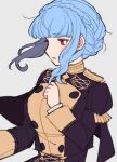  1girl blue_hair blush braid brown_eyes buttons crown_braid do_m_kaeru fire_emblem fire_emblem:_three_houses floating_hair garreg_mach_monastery_uniform grey_background long_sleeves looking_away marianne_von_edmund short_hair short_hair_with_long_locks sidelocks simple_background solo uniform 