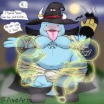  anthro axoarts balls bandage belly big_balls big_butt big_penis black_eyes blue_body blurred_background blush bulge butt cape claw_gloves claws clothing digital_media_(artwork) english_text footwear generation_2_pokemon genitals ghost group hat headgear headwear horn looking_at_viewer looking_pleasured male moobs navel nintendo nipple_fetish nipple_pinch nipple_play nipple_suck nipples obese obese_anthro obese_male overweight overweight_anthro overweight_male penis pentagram pentagram_necklace pinch pokemon pokemon_(species) quagsire shoes speech_bubble spirit standing sucking teeth text thick_thighs tongue tongue_out translucent translucent_body trio wizard_hat 