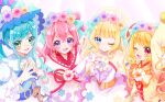  4girls ;) ;d arm_up bangs big_hair blonde_hair blue_bow blue_dress blue_eyes blue_hair blunt_bangs bow bun_cover chinese_clothes closed_mouth cure_finale cure_finale_(party_up_style) cure_precious cure_precious_(party_up_style) cure_spicy cure_spicy_(party_up_style) cure_yum-yum cure_yum-yum_(party_up_style) delicious_party_precure double_bun dress earrings flower frilled_sleeves frills fuwa_kokone gloves green_eyes hair_bow hair_bun hair_flower hair_ornament hanamichi_ran head_wreath heart highres jewelry kasai_amane kome-kome_(precure) light_particles long_hair long_sleeves magical_girl mem-mem_(precure) merrybear multiple_girls nagomi_yui one_eye_closed open_mouth pam-pam_(precure) pink_dress pink_hair precure purple_dress purple_eyes red_eyes side-by-side side_ponytail smile strapless strapless_dress white_gloves yellow_dress 