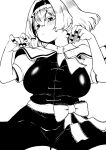  1girl absurdres alice_margatroid bangs blush bow breasts capelet closed_mouth dress hairband high_contrast highres himajin_noizu large_breasts lolita_hairband looking_at_viewer monochrome short_hair short_sleeves simple_background solo touhou 