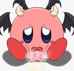  2_horns bodily_fluids cute_fangs female genital_fluids honeyu horn kirby kirby_(series) nintendo sitting sitting_on_ground solo spread_legs spreading succubus tagme urine wings womb_tattoo 