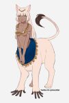  1girl animal_ears artist_name bangs blue_nails blunt_bangs breasts bright_pupils brown_fur brown_hair cat_ears centauroid fangs full_body fur-tipped_tail grey_background head_chain highres jewelry kizuta_(barometz) lion_tail long_hair looking_at_viewer medium_breasts monster_girl necklace open_mouth original simple_background smile solo sphinx standing tail taur twitter_username white_pupils yellow_eyes 