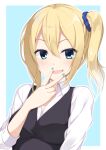  &gt;:) 1girl aria. bangs black_sweater_vest blonde_hair blue_eyes blue_nails blue_scrunchie blush breasts commentary_request eyelashes hair_between_eyes hair_ornament hair_scrunchie hand_up happy hayasaka_ai kaguya-sama_wa_kokurasetai_~tensai-tachi_no_renai_zunousen~ large_breasts light_blue_background lips long_hair long_sleeves looking_at_viewer open_mouth school_uniform scrunchie shirt shuuchiin_academy_school_uniform side_ponytail sidelocks simple_background smile solo sweater_vest v-shaped_eyebrows v_over_mouth white_shirt 