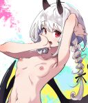  1girl arm_up armpits black_ribbon blush braid breasts commentary demon_girl demon_horns demon_wings hair_ribbon hand_to_own_mouth highres horns long_hair looking_at_viewer multicolored_background navel nipples open_mouth original paid_reward_available red_eyes ribbon small_breasts solo topless twin_braids upper_body ushiki_yoshitaka white_hair wings 