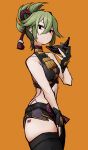  1girl absurdres bare_shoulders black_eyes black_gloves black_mask body_markings breasts crop_top fishnets genshin_impact gloves green_hair hair_between_eyes highres holding holding_mask kuki_shinobu looking_at_viewer mask mask_removed mikaku_(vbvpahw9) mouth_mask ninja_mask orange_background partially_fingerless_gloves ponytail purple_rope rope short_shorts shorts simple_background sleeveless small_breasts solo 