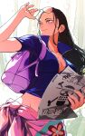  1girl absurdres backpack bag bangs black_hair blue_eyes blue_shirt blunt_bangs breasts bubble cleavage eyewear_on_head from_below hand_on_eyewear highres holding holding_paper long_hair looking_afar mygiorni nico_robin one_piece paper partially_unzipped purple_bag sarong shirt short_sleeves smile solo tree 