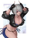  1girl abs angel_(kof) bangs black_panties blue_eyes bra breasts chaps cropped_jacket fighting_game finger_horns fingerless_gloves gloves hair_over_one_eye highres horns_pose index_fingers_raised jacket large_breasts leather leather_jacket long_sleeves muscular muscular_female panties snk strapless strapless_bra susudango the_king_of_fighters the_king_of_fighters_xiv toned underwear 