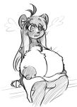  anthro areola bear big_breasts blush blush_lines breast_expansion breasts expansion female giant_panda huge_breasts hyper hyper_breasts lunarspy mammal monochrome mostly_nude nipples shi_yu_(lunarspy) simple_background sitting solo towel 