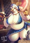  alcohol anthro avian beak beer beverage big_breasts bird bra breasts cleavage clothed clothing curvy_figure feathers female food hi_res huge_breasts inside kemono ni_jikan open_beak open_mouth overweight overweight_anthro overweight_female solo standing stick tankard thick_thighs underwear voluptuous white_body white_feathers 