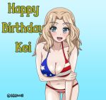  1girl american_flag_bikini bikini blonde_hair blue_background blue_eyes breast_hold breasts character_name cleavage cowboy_shot english_text flag_print girls_und_panzer gradient_background hair_intakes halterneck hand_on_own_arm happy_birthday kay_(girls_und_panzer) kkonmulbeom_nyomy large_breasts leaning_forward long_hair looking_at_viewer navel open_mouth smile solo standing swimsuit twitter_username 