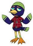  2020 angelicmissmarie animal_crossing anthro barefoot beak beanie blue_body clothing digital_drawing_(artwork) digital_media_(artwork) eyebrows feet female full-length_portrait hat headgear headwear jacques_(animal_crossing) looking_at_viewer male multicolored_body nintendo no_pupils portrait raised_arms simple_background smile solo tail white_background 