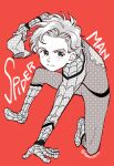  1boy aged_down bodysuit child commentary commentary_request english_text holding holding_mask looking_at_viewer male_child male_focus marvel mask mask_removed messy_hair okayu0317 peter_parker red_background short_hair smile solo spider-man spider_web_print superhero 