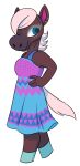  2020 angelicmissmarie animal_crossing anthro black_eyes blue_eyes brown_body clothing dress equid equine female full-length_portrait hand_on_hip hi_res horse looking_away mammal nintendo one_eye_closed portrait reneigh_(animal_crossing) simple_background smile solo tail unguligrade_anthro white_background 