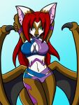  anthro bat bat_wings black_nose breasts brown_body brown_fur canid canine canis cleavage cleavage_cutout clothed clothing female fur green_eyes hair hands_behind_head hi_res hybrid leena_zarantho mammal membrane_(anatomy) membranous_wings midriff navel red_hair solo strays_of_siravia swimwear tail thelordoflemonz wings wolf 