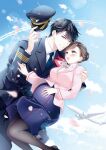  1boy 1girl :o aircraft airplane black_footwear black_hair black_pantyhose blue_headwear blue_jacket blue_necktie blue_pants blue_skirt breasts collared_shirt couple cover cover_image cover_page falling formal gokujou_pilot_no_akachan_o_dekiai_shoya_de_yadoshimashita hand_on_another&#039;s_shoulder hand_on_own_stomach hetero high-waist_skirt highres jacket looking_at_another looking_at_viewer looking_up medium_breasts necktie novel_cover official_art open_mouth pants pantyhose petals pink_jacket pregnant shirt short_hair skirt sky smile suit white_shirt yuka_(mischief) 