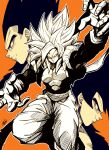  3boys absurdres commentary_request dragon_ball dragon_ball_gt frown gogeta highres liedein limited_palette male_focus metamoran_vest multiple_boys muscular muscular_male orange_background orange_eyes signature smile son_goku super_saiyan super_saiyan_4 vegeta 