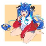  1girl :d @_@ animal_ears aqua_hair barefoot black_ribbon blue_eyes blue_hair casual chips_(food) commentary_request cutoffs eating food food_on_body food_on_face grey_shorts hair_ribbon heterochromia highres horse_ears horse_girl horse_tail jacket long_hair off_shoulder open_clothes open_jacket outside_border partial_commentary potato_chips purple_eyes red_jacket ribbon sharp_teeth shirt short_shorts short_sleeves shorts sitting sleeves_past_wrists smile solo sousuke_yuasa t-shirt tail teeth track_jacket twin_turbo_(umamusume) umamusume very_long_hair wariza white_shirt yellow_background 