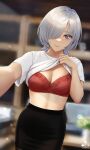  bangs black_skirt blurry blurry_background bra breasts cleavage closed_mouth clothes_lift grey_eyes grey_hair hair_over_one_eye highres infinote large_breasts looking_at_viewer one_eye_covered original red_bra sashou_mihiro shirt shirt_lift short_hair short_sleeves skirt smile underwear white_shirt 