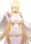  1girl absurdres bare_shoulders blonde_hair blue_eyes braid breasts bridal_gauntlets cape character_request collarbone copyright_request covered_navel earrings garter_belt garter_straps gloves halo hands_up heart heart_earrings highres jewelry large_breasts leotard long_hair looking_at_viewer lordol miniskirt see-through see-through_leotard see-through_skirt see-through_sleeves skirt solo thighhighs twin_braids upper_body very_long_hair white_cape white_garter_belt white_garter_straps white_gloves white_skirt white_thighhighs 