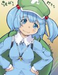  1girl bangs blue_eyes blue_hair blue_shirt blush breasts closed_mouth collared_shirt commentary_request dated flat_cap frilled_shirt_collar frills green_headwear hands_on_hips hat head_tilt highres jewelry kawashiro_nitori kei_jiei key_necklace long_sleeves looking_at_viewer medium_breasts medium_hair necklace shirt smile solo touhou two_side_up upper_body yellow_background 