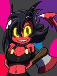  anthro axe black_hair breasts clothed clothing demon dipstick_tail female glowing glowing_eyes hair helluva_boss hi_res horn humanoid imp markings midriff millie_(helluva_boss) navel red_body red_skin solo spade_tail tail tail_markings thelordoflemonz 