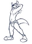  anthro black_and_white clothed clothing footwear hands_behind_head jockstrap male mammal monochrome mustelid nipples open_mouth otter otterdownunder simple_background smile socks solo teeth_showing text topless underwear white_background ziggy_(otterdownunder) 