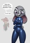  2023 4_fingers anthro bodysuit breasts buckteeth canid canine clothed clothing dialogue disney duo english_text eyebrows female fingers fox fur grey_background grey_body grey_fur hi_res judy_hopps lagomorph latex leporid long_ears looking_down male mammal multicolored_body multicolored_fur nick_wilde open_mouth portrait purple_eyes qupostuv35 rabbit rubber rubber_clothing rubber_suit simple_background skinsuit speech_bubble standing teeth text thick_thighs three-quarter_portrait tight_clothing white_body white_fur wide_hips zootopia 
