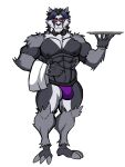  2023 abs absurd_res anthro barazoku barefoot biceps big_bulge big_muscles bow_tie bulge claws clothed clothing darknaigart eyewear fan_character feet fur generation_8_pokemon glasses hair hi_res holding_object holding_plate huge_muscles looking_at_viewer male muscular muscular_anthro muscular_male napkin navel nintendo nipples obliques obstagoon pecs plate pokemon pokemon_(species) simple_background smile solo standing thick_thighs thong topless topless_anthro topless_male tuft underwear waiter white_background 