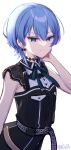  1girl armpit_crease bangs belt black_dress blue_eyes blue_hair closed_mouth dress earrings hair_between_eyes half-closed_eyes highres hololive hoshimachi_suisei jewelry looking_at_viewer simple_background smile solo virtual_youtuber white_background you06 