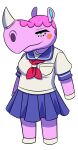  2020 angelicmissmarie animal_crossing anthro ascot biped clothing digital_drawing_(artwork) digital_media_(artwork) female full-length_portrait horn looking_at_viewer mammal nintendo pink_body portrait ren&eacute;e_(animal_crossing) rhinoceros school_uniform simple_background smile solo unguligrade_anthro uniform white_background 