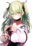  absurdres antlers bangs blush breasts ceres_fauna cleavage closed_mouth earrings getto green_hair highres hololive hololive_english jewelry large_breasts long_hair long_sleeves looking_at_viewer official_alternate_costume simple_background smile virtual_youtuber white_background yellow_eyes 