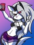  anthro black_nose bottomwear canid canid_demon cellphone clothing demon female gesture gradient_background hellhound helluva_boss hi_res hotpants loona_(helluva_boss) mammal midriff navel phone red_eyes shorts simple_background solo tail thelordoflemonz tongue tongue_out v_sign 