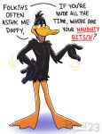  2023 anatid anseriform anthro avian bird black_body daffy_duck dialogue duck english_text featureless_crotch front_view hi_res lisp looney_tunes male nude open_mouth poppin signature simple_background solo standing talking_to_viewer text warner_brothers white_background 