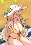  1girl beach_towel bikini blonde_hair blue_archive blush breasts breasts_squeezed_together cleavage closed_eyes double_v flower hair_between_eyes halo hat hat_flower highres large_breasts long_hair mikaku_(vbvpahw9) nonomi_(blue_archive) nonomi_(swimsuit)_(blue_archive) open_mouth sand side-tie_bikini_bottom sitting solo sun_hat swimsuit teeth towel upper_teeth_only v very_long_hair white_headwear yellow_bikini yellow_flower 