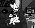  andromorph anthro bat chair clothing coffee_mug collar computer_monitor desk ear_piercing ear_ring fingerless_gloves furniture gloves greyscale handwear intersex mammal monochrome office_chair on_sofa piercing punk ring_piercing shirt sins_(sinsquest) sinsquest sitting sitting_on_sofa sofa solo spade_tail speech_bubble spiked_collar spikes t-shirt table topwear trans_(lore) trans_man_(lore) wide_eyed 