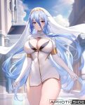  1girl armlet aztodio azura_(fire_emblem) bangs blue_eyes blue_hair breasts cleavage cleavage_cutout clothing_cutout dress elbow_gloves fire_emblem fire_emblem_fates gloves hair_between_eyes large_breasts long_hair looking_at_viewer short_dress solo thighs veil very_long_hair white_dress white_gloves 
