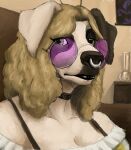  2023 anthro blonde_hair bong canid canine canis choker cinnahbunn domestic_dog drugs eyewear facial_piercing female hair hi_res jewelry looking_at_viewer mammal necklace nose_piercing nose_ring piercing portrait ring_piercing solo sophie_(cinnahbunn) sunglasses 